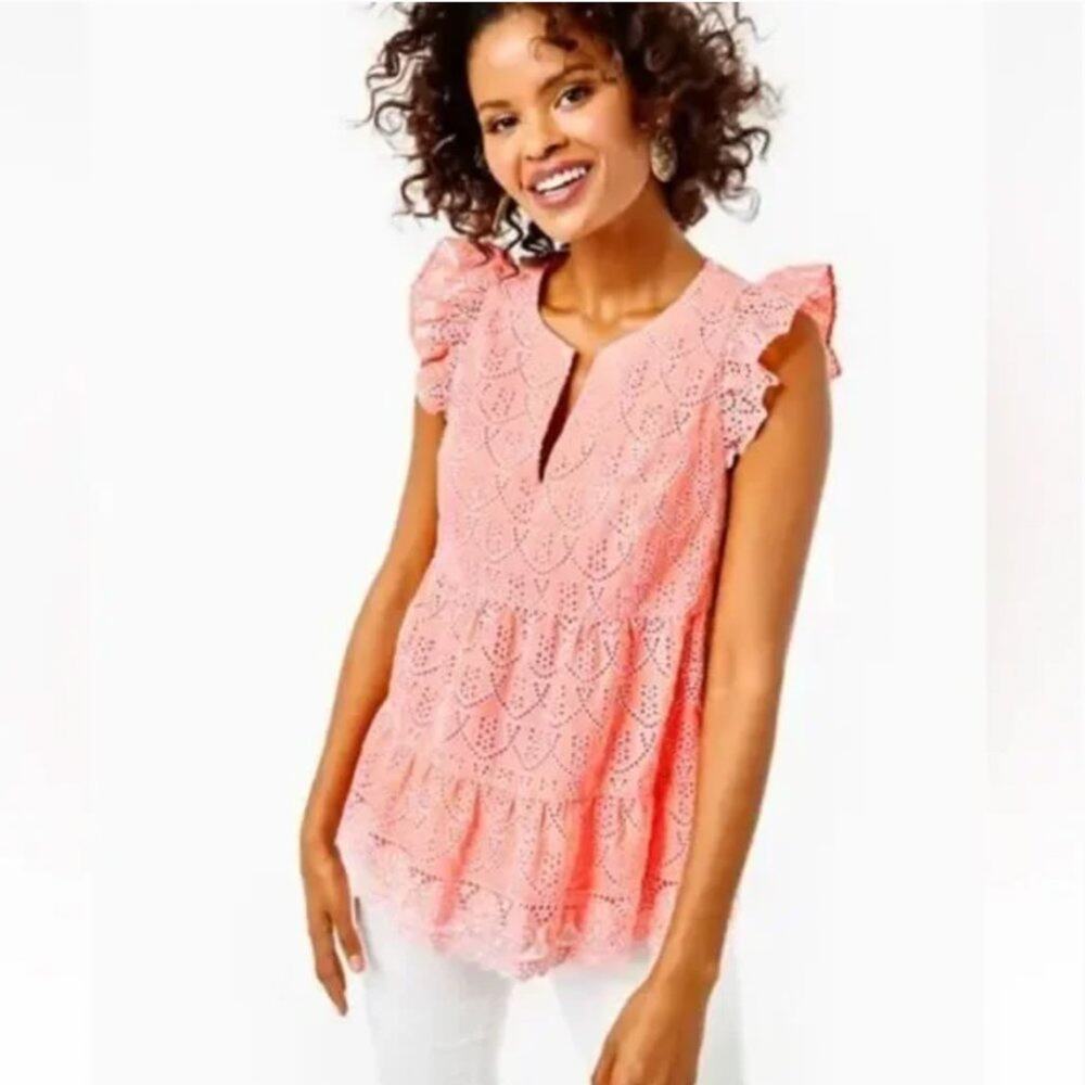 NWT Lilly Pulitzer Keila Top Peach Hyacinth Floral Arch Eyelet 4
